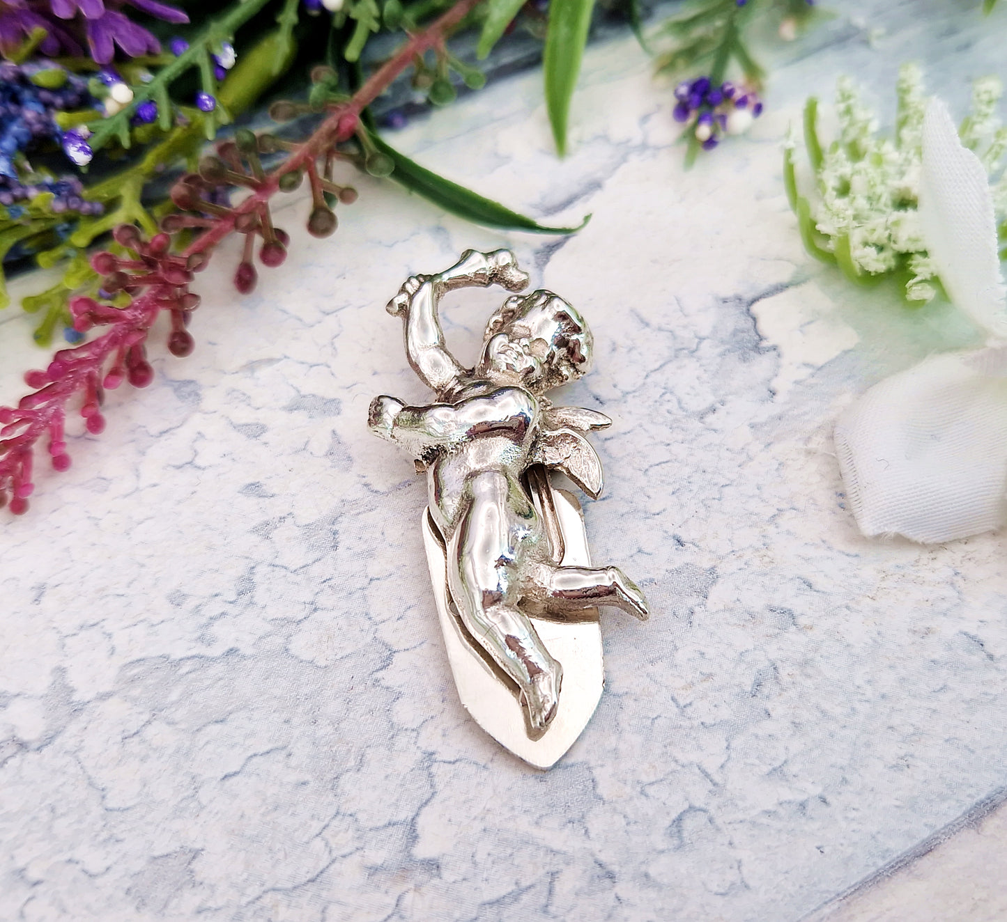 Vintage French Sterling Silver Sculpted Cherub Dress Clip by KEIM Ltd London