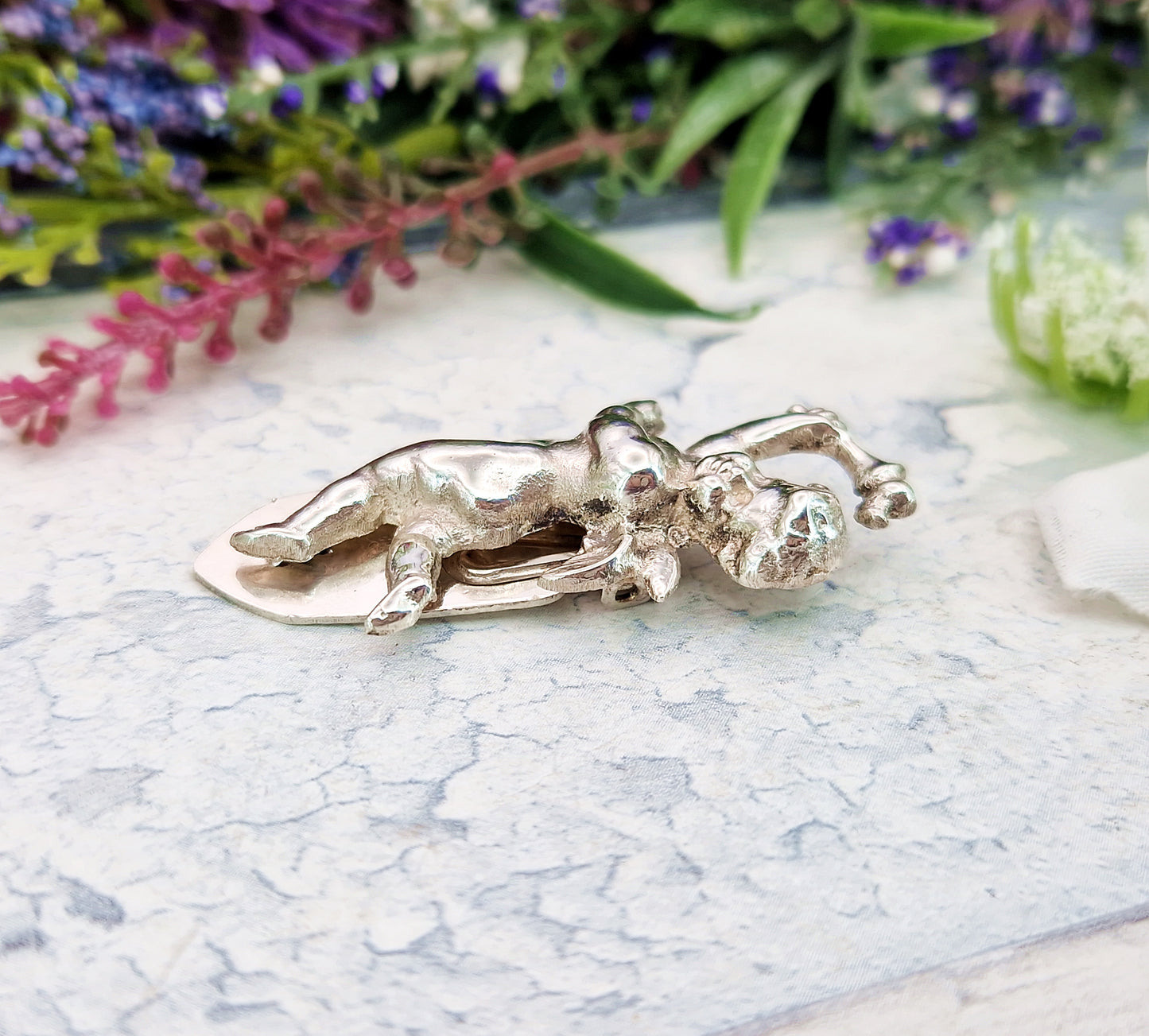 Vintage French Sterling Silver Sculpted Cherub Dress Clip by KEIM Ltd London