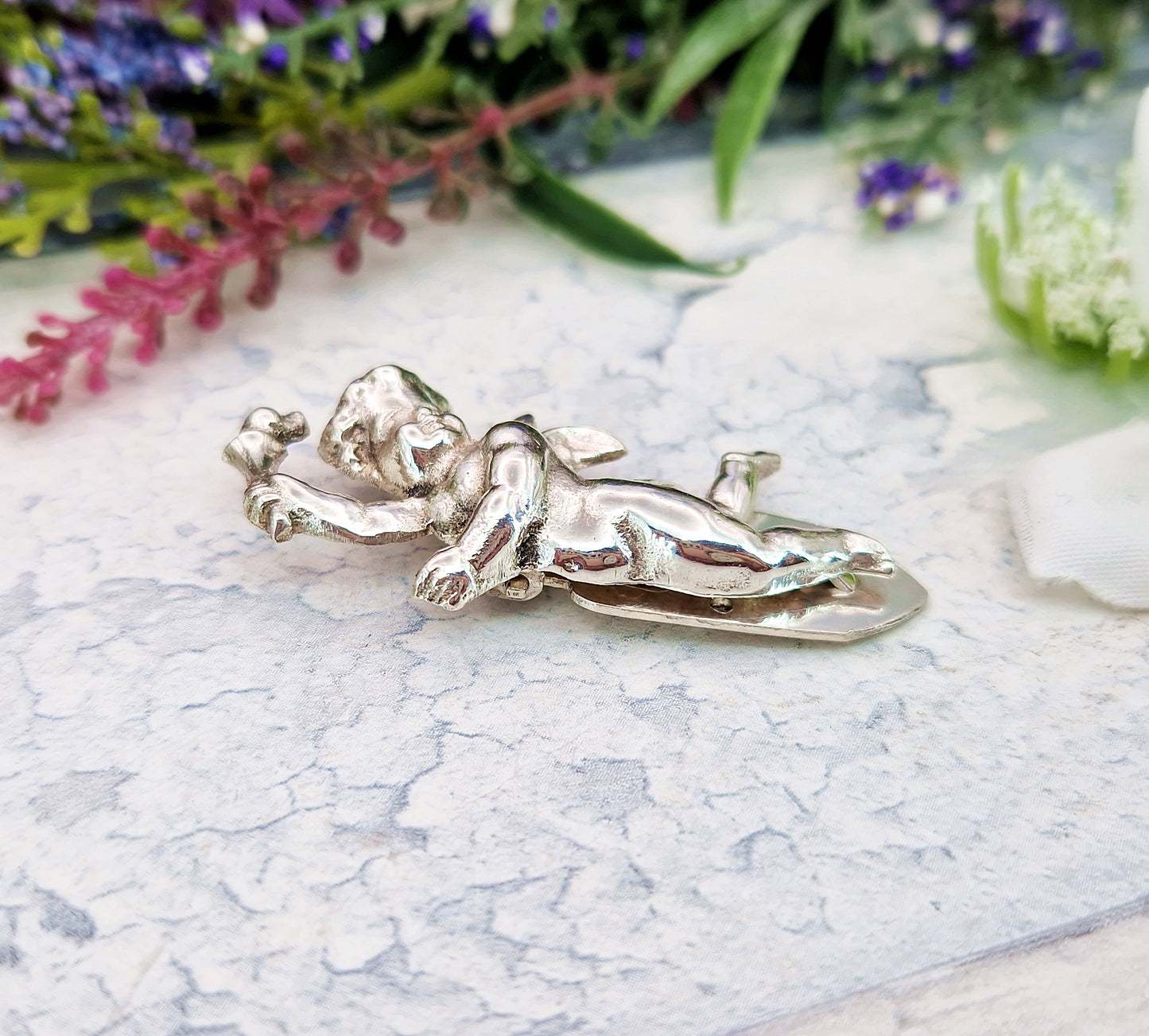 Vintage French Sterling Silver Sculpted Cherub Dress Clip by KEIM Ltd London