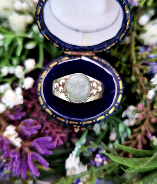 Vintage Sterling Silver Labradorite Gemstone Statement Solitaire Ring / Size Q or 8