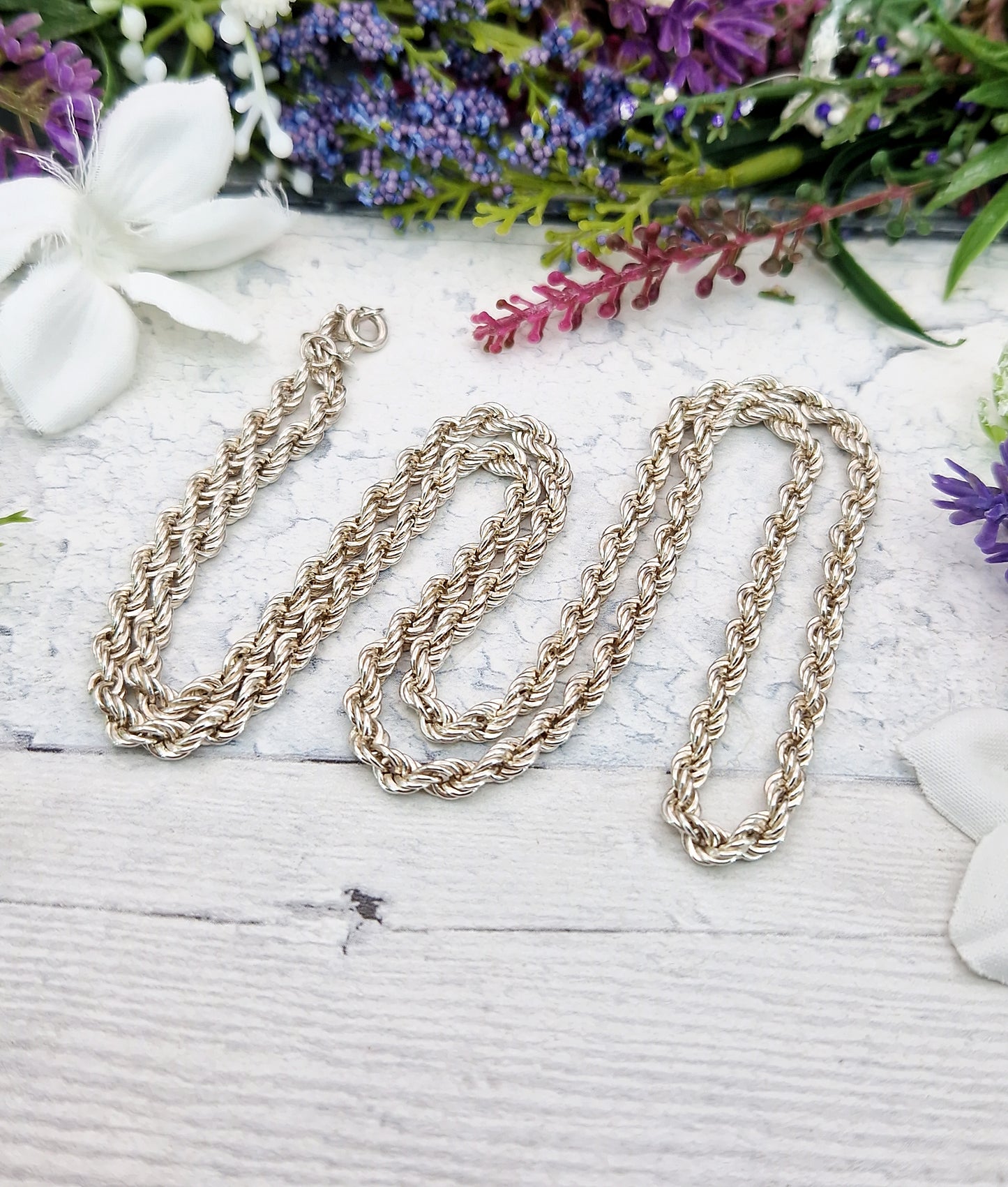 Vintage 1987 Solid Sterling Silver 25" Long Twisted Rope Necklace Chain / 11 grams