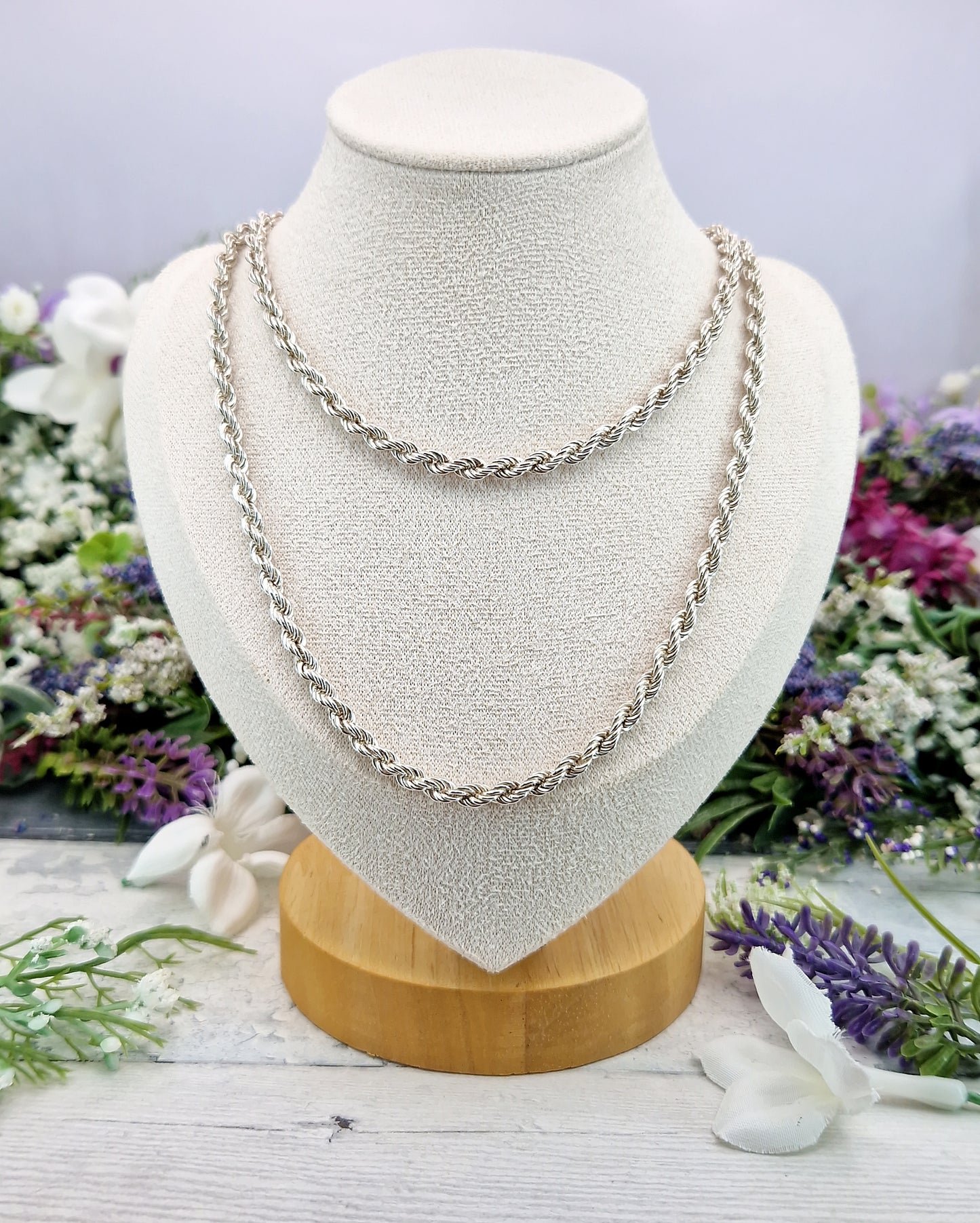 Vintage 1987 Solid Sterling Silver 25" Long Twisted Rope Necklace Chain / 11 grams