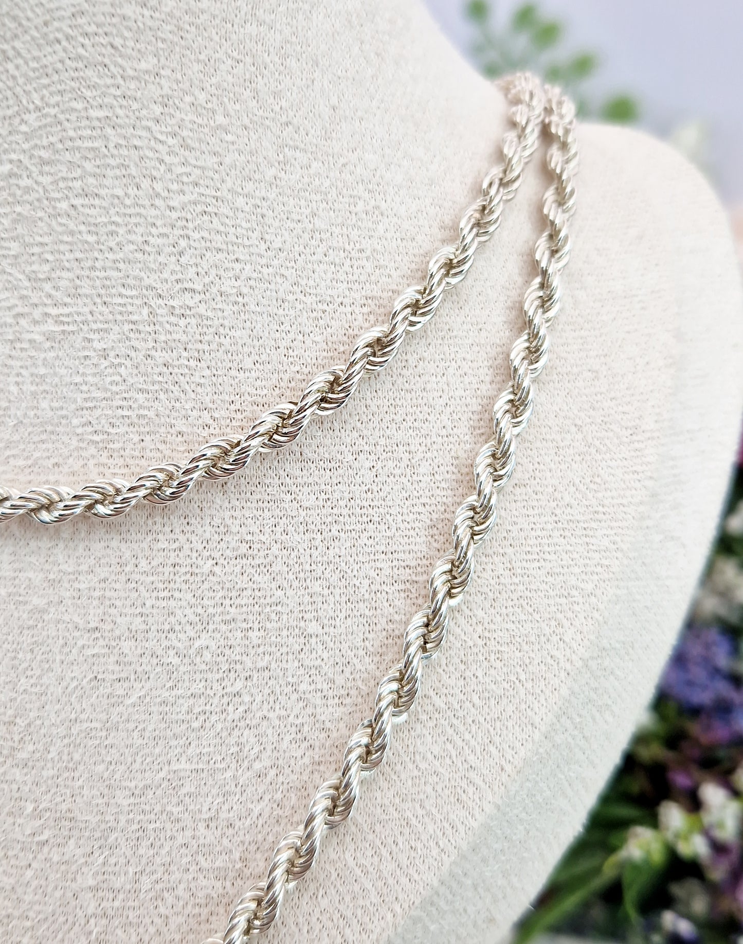 Vintage 1987 Solid Sterling Silver 25" Long Twisted Rope Necklace Chain / 11 grams