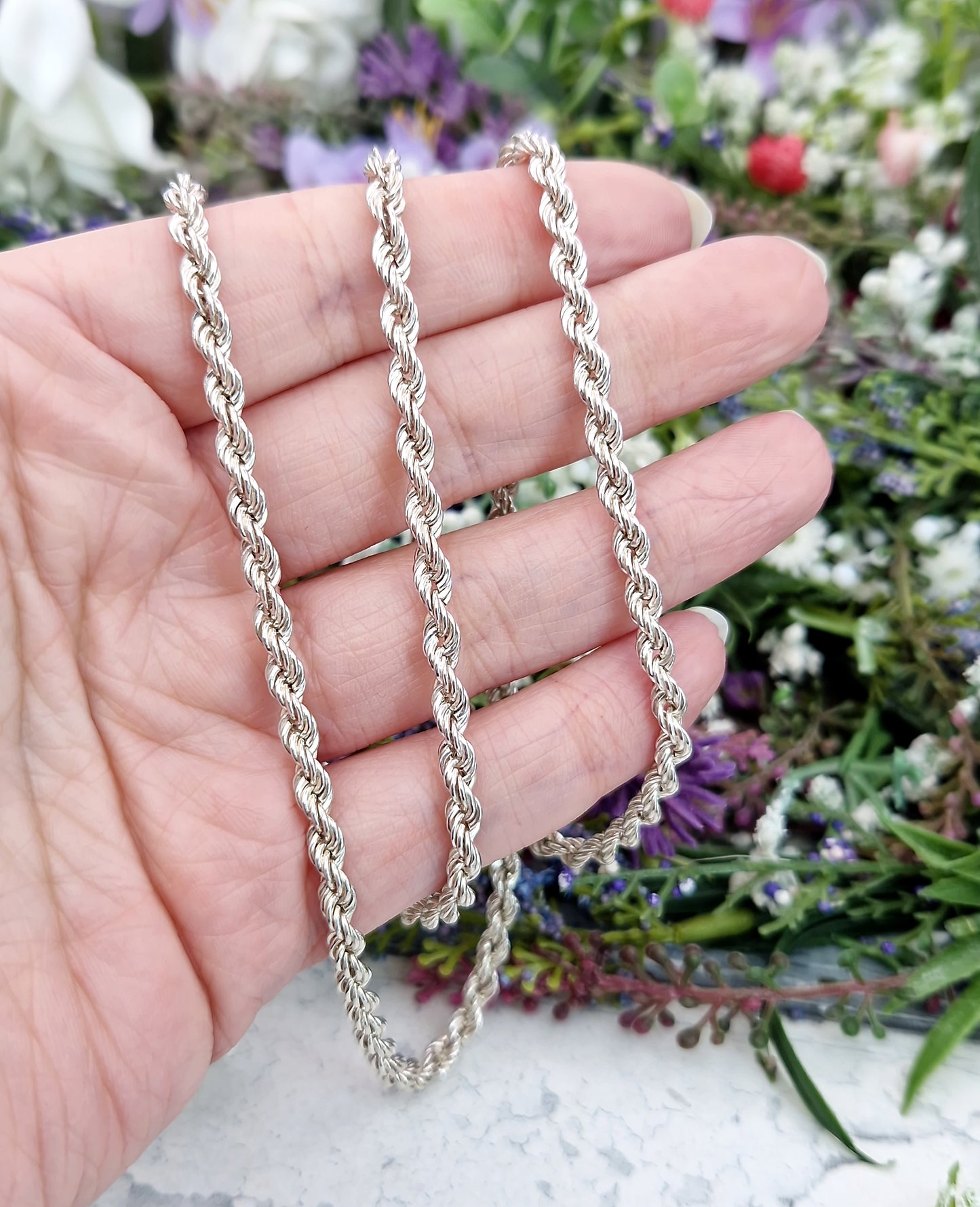 Vintage 1987 Solid Sterling Silver 25" Long Twisted Rope Necklace Chain / 11 grams