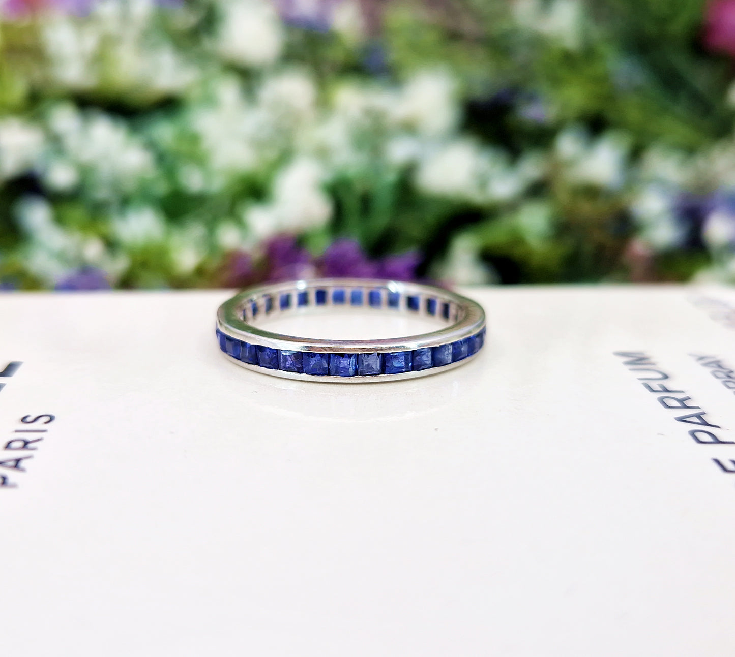 Antique Art Deco Solid Platinum Blue Sapphire Eternity Band Ring / Size M 1/2 or 6.75
