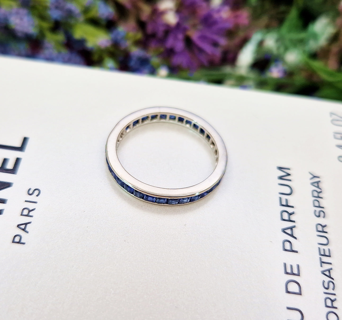 Antique Art Deco Solid Platinum Blue Sapphire Eternity Band Ring / Size M 1/2 or 6.75