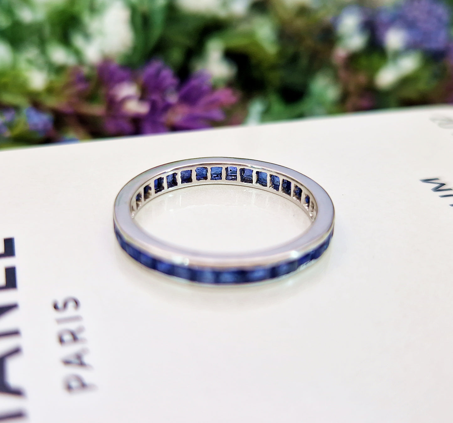 Antique Art Deco Solid Platinum Blue Sapphire Eternity Band Ring / Size M 1/2 or 6.75