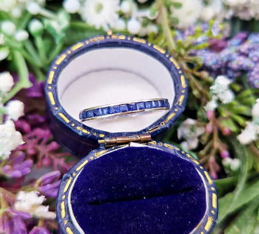 Antique Art Deco Solid Platinum Blue Sapphire Eternity Band Ring / Size M 1/2 or 6.75