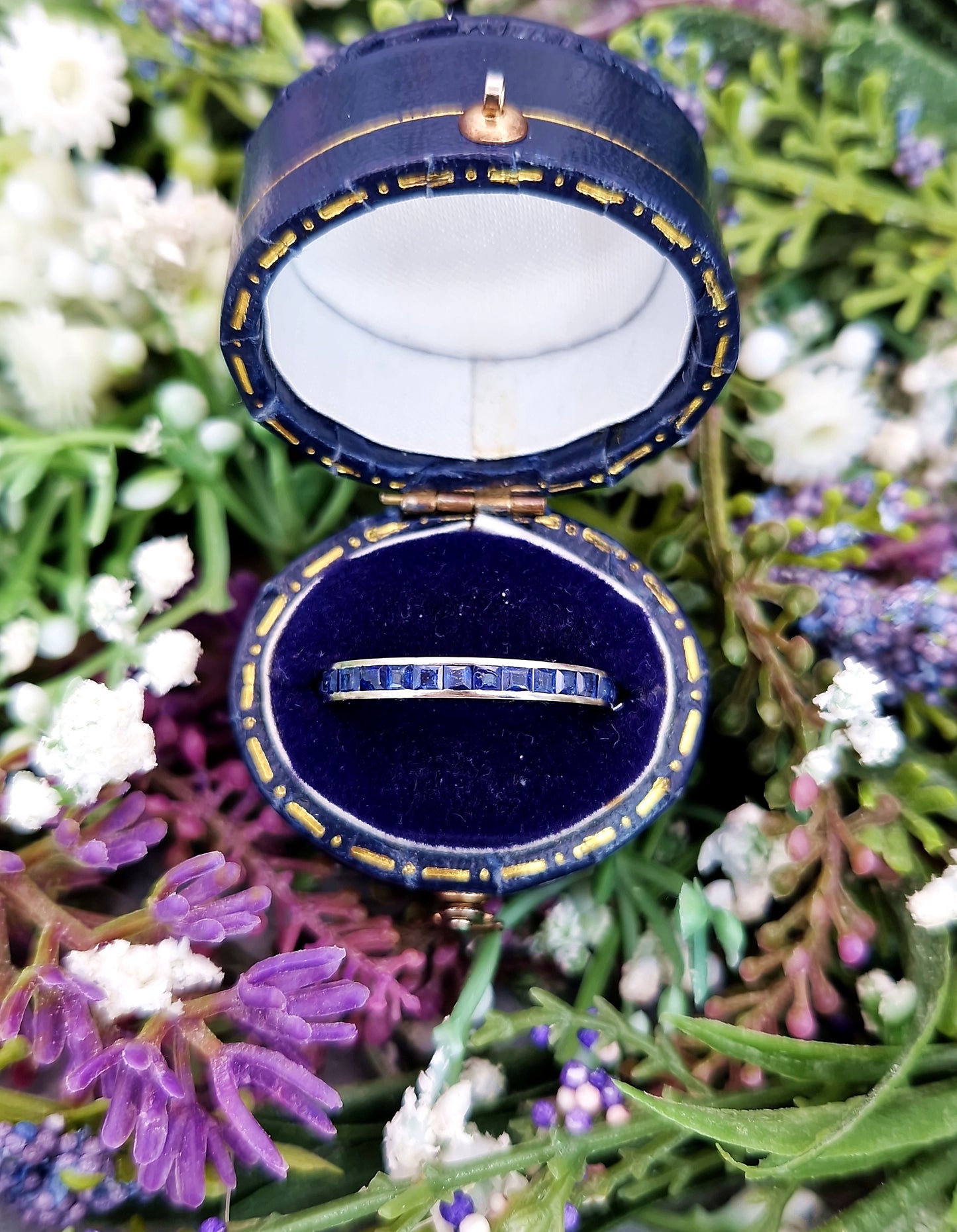 Antique Art Deco Solid Platinum Blue Sapphire Eternity Band Ring / Size M 1/2 or 6.75
