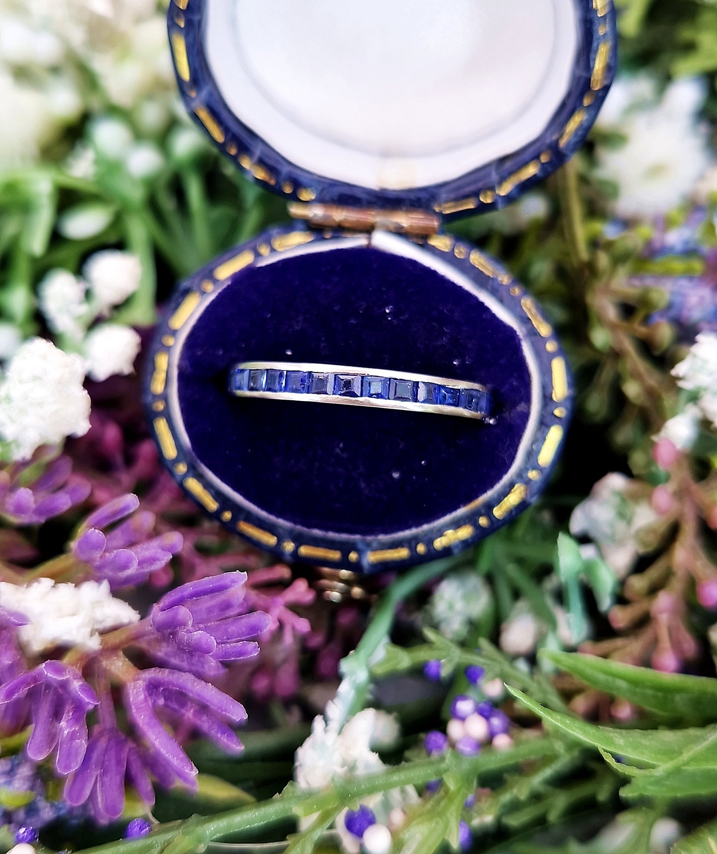 Antique Art Deco Solid Platinum Blue Sapphire Eternity Band Ring / Size M 1/2 or 6.75