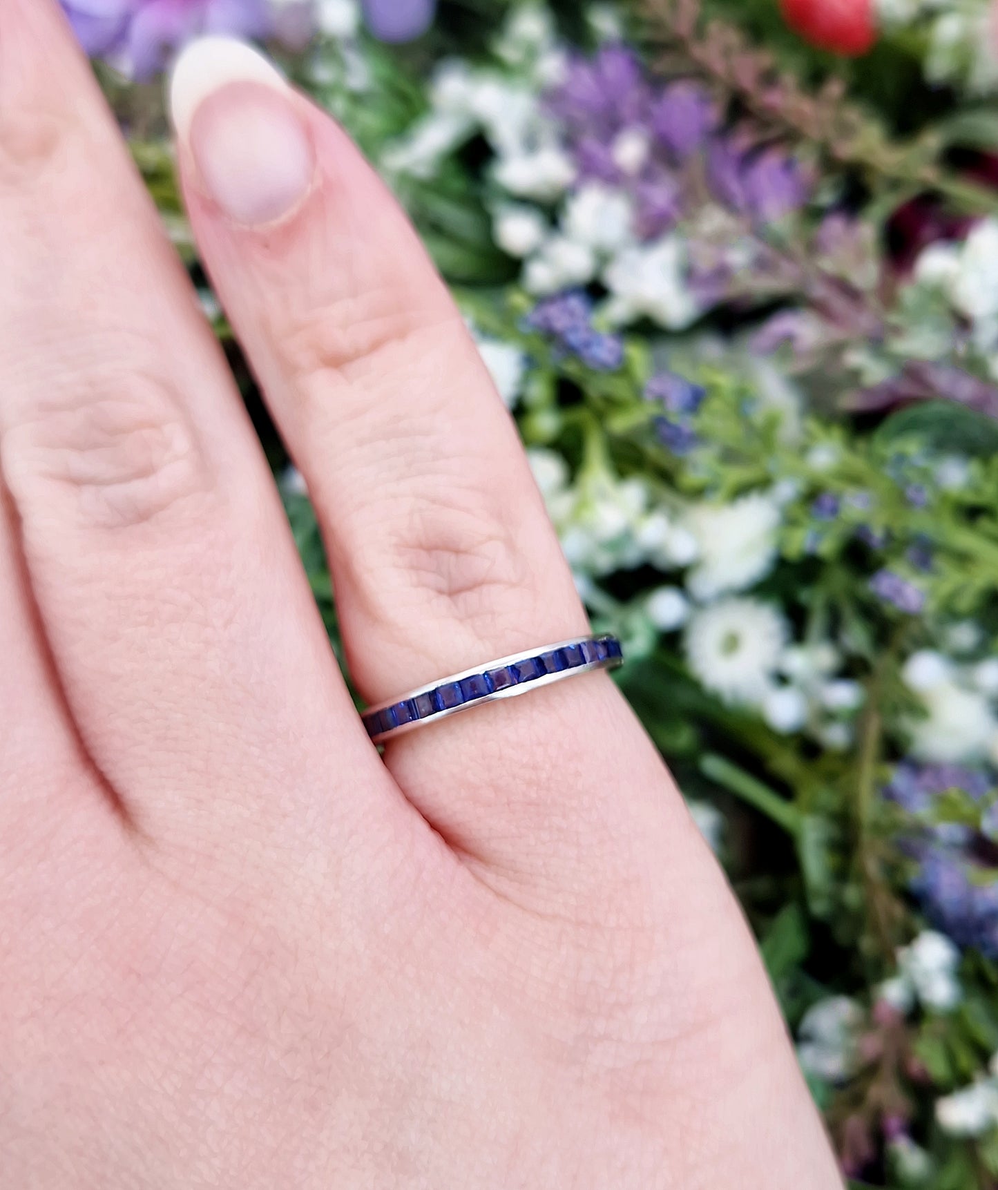 Antique Art Deco Solid Platinum Blue Sapphire Eternity Band Ring / Size M 1/2 or 6.75