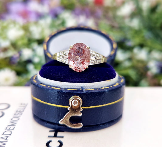 Vintage 9ct Yellow Gold Natural Speckled Pink Quartz and Diamond Ring / Size N 1/2 or 7.25