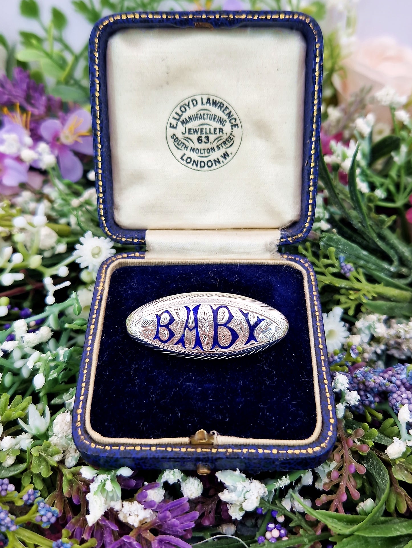 Antique Victorian Sterling Silver and Blue Enamel Engraved Baby Script Brooch