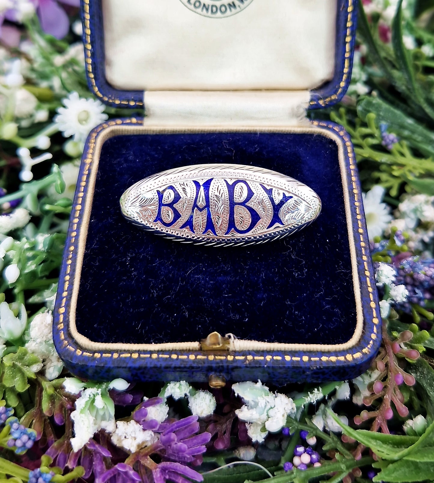 Antique Victorian Sterling Silver and Blue Enamel Engraved Baby Script Brooch