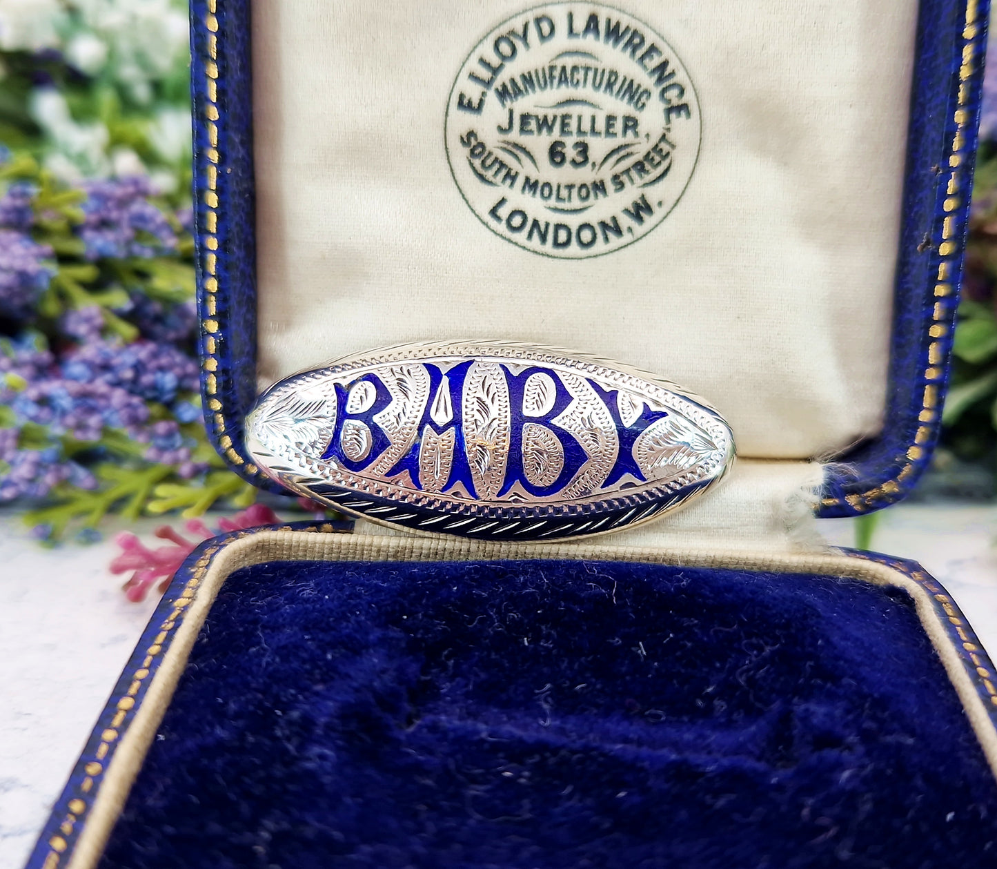 Antique Victorian Sterling Silver and Blue Enamel Engraved Baby Script Brooch