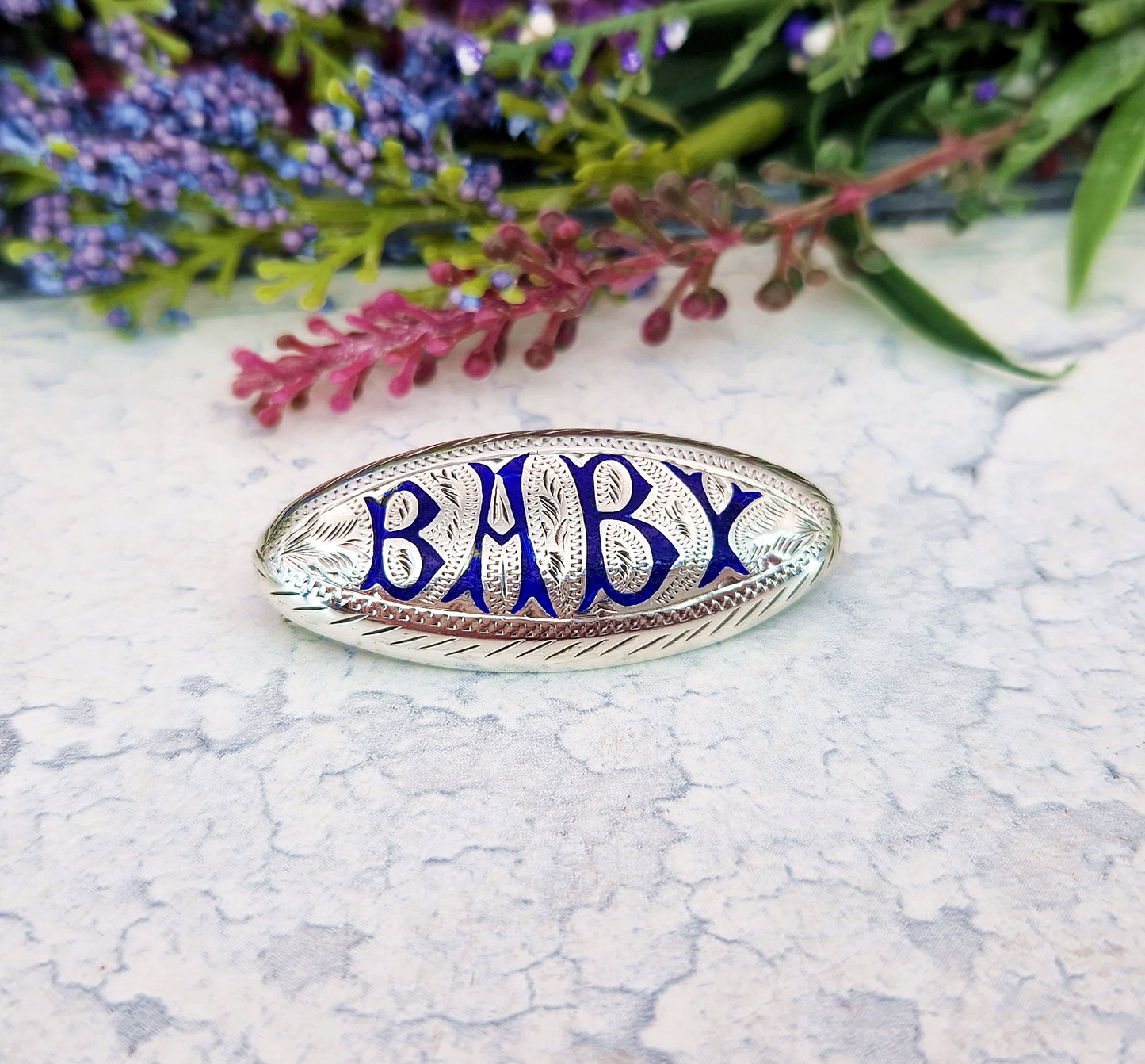 Antique Victorian Sterling Silver and Blue Enamel Engraved Baby Script Brooch