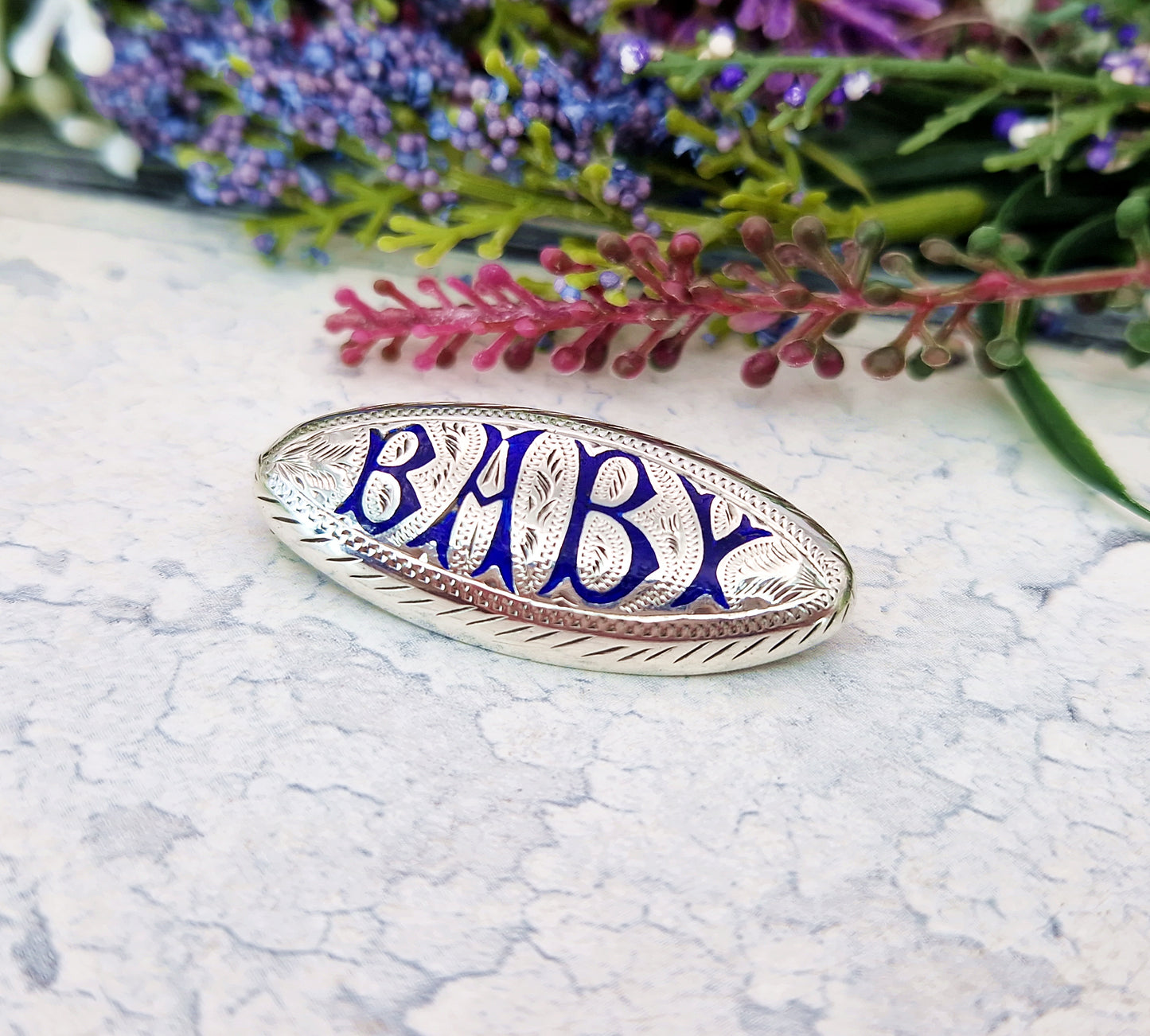 Antique Victorian Sterling Silver and Blue Enamel Engraved Baby Script Brooch