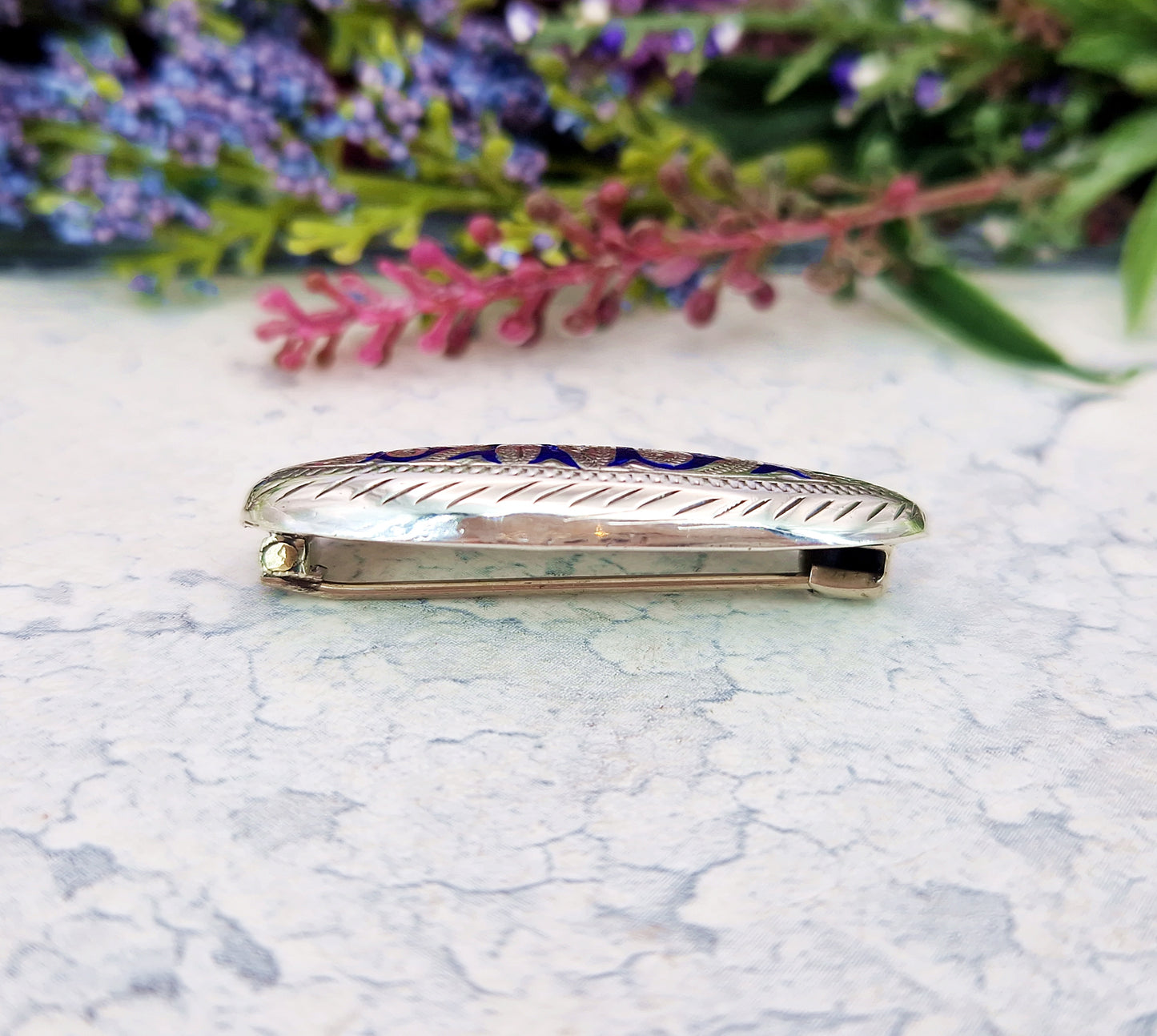 Antique Victorian Sterling Silver and Blue Enamel Engraved Baby Script Brooch