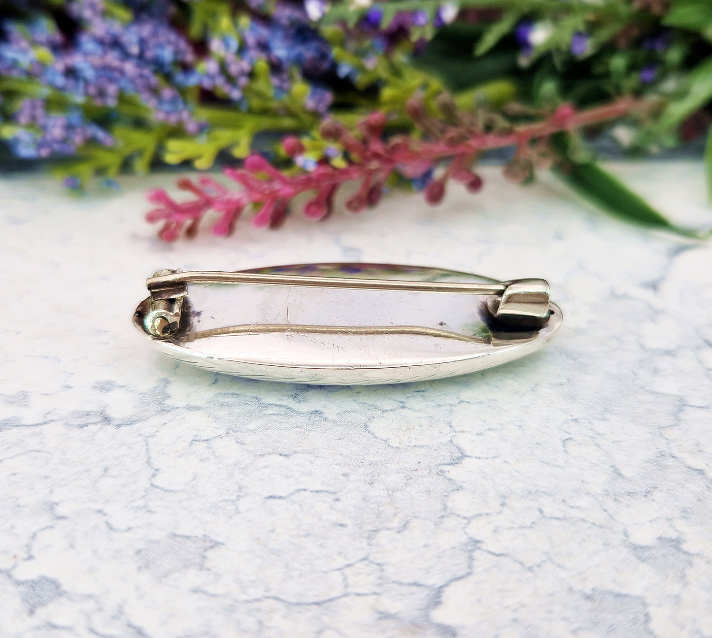 Antique Victorian Sterling Silver and Blue Enamel Engraved Baby Script Brooch