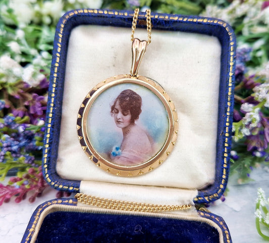 Antique Art Deco Rolled Gold Decorative Large Circular Glass Photo Locket Pendant