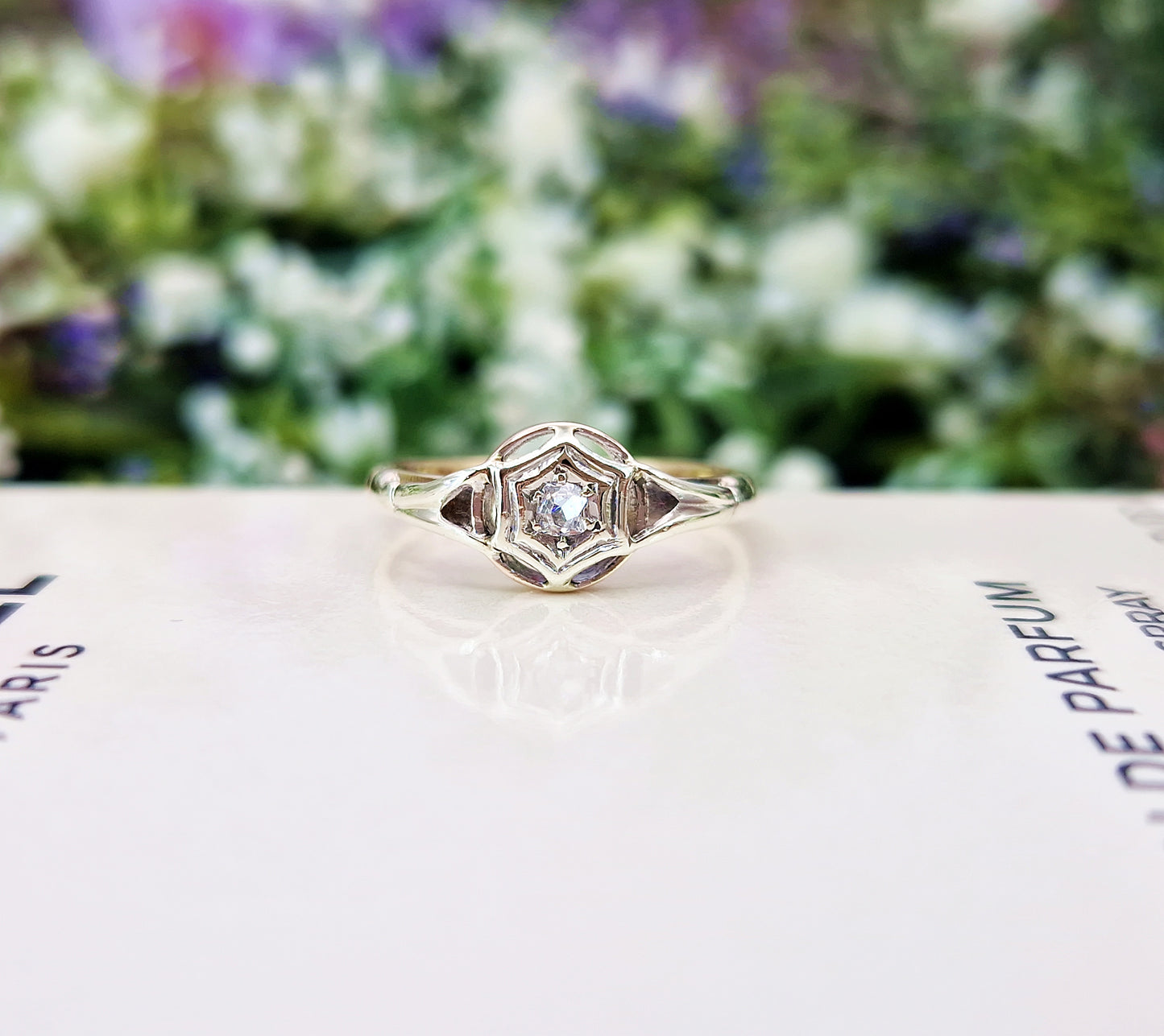 Antique 1945 9ct Gold Platinum Old Mine Cut Diamond Solitaire Star Engagement Ring / Size P or 8