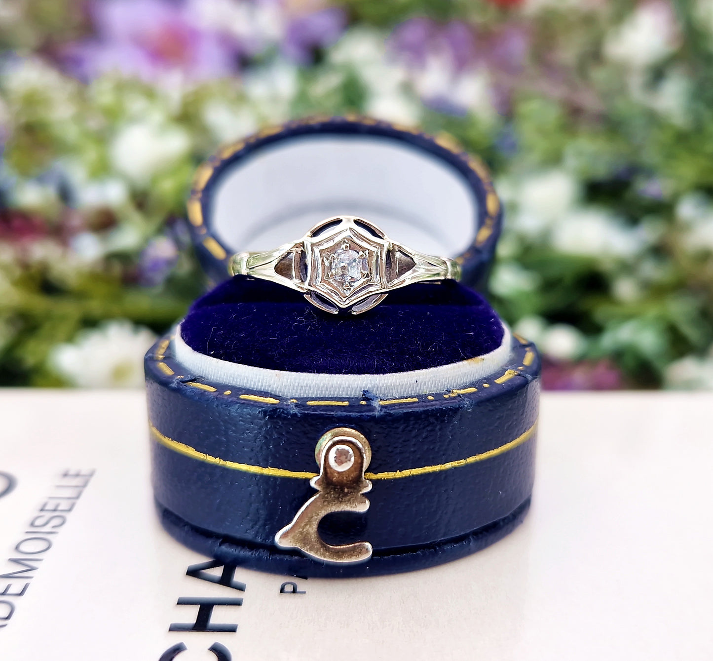 Antique 1945 9ct Gold Platinum Old Mine Cut Diamond Solitaire Star Engagement Ring / Size P or 8