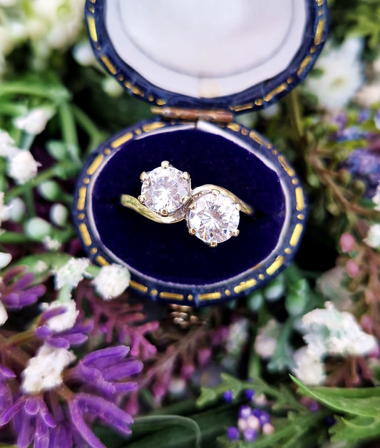 Vintage 9ct Yellow Gold Large Double Crystal Toi et Moi Ring / Size Q or 8.5