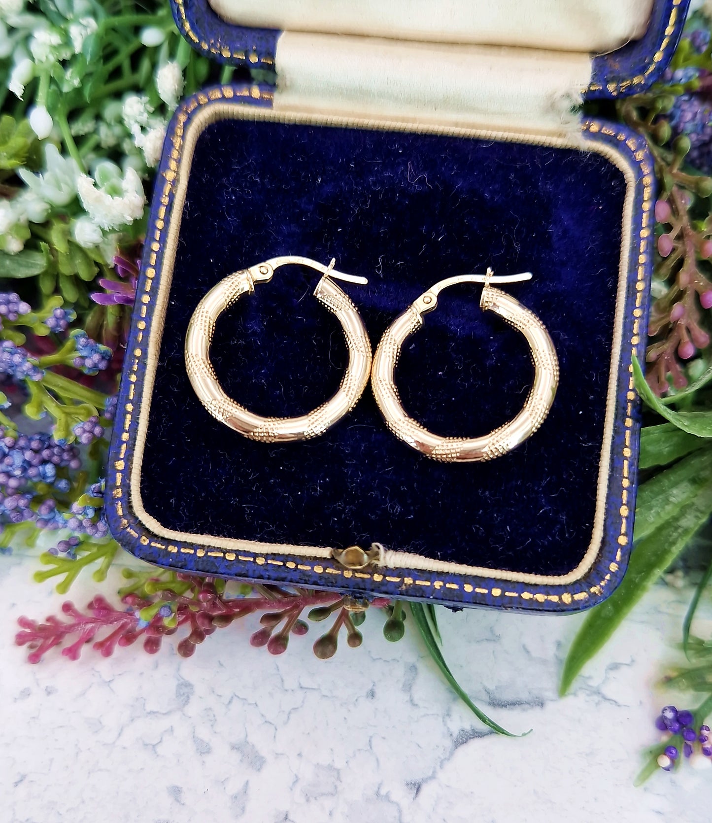 Vintage 9ct Yellow Gold Classic Textured Creole Round Hoop Earrings