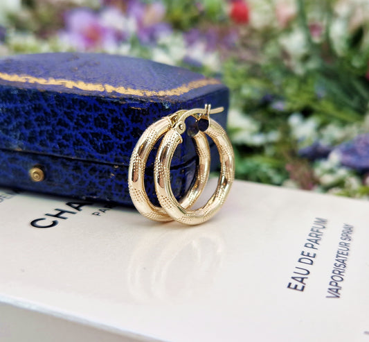 Vintage 9ct Yellow Gold Classic Textured Creole Round Hoop Earrings