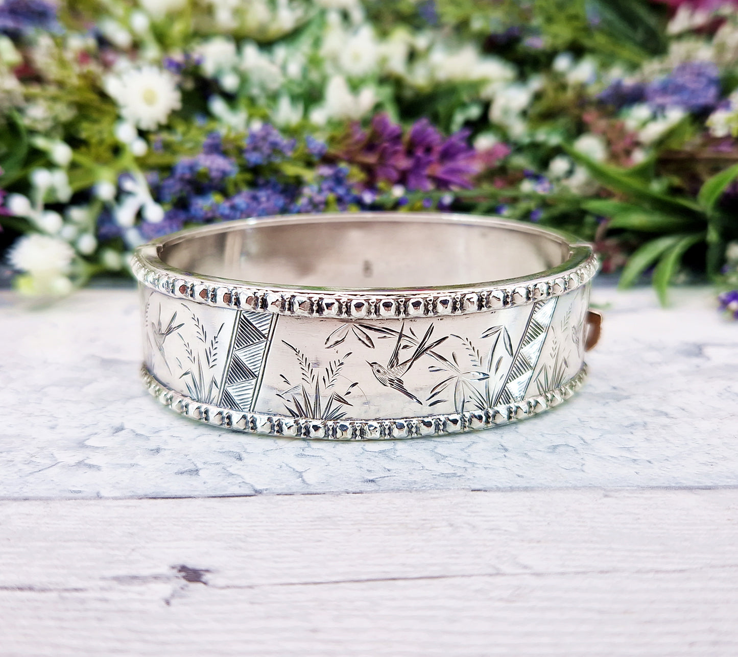 Antique Victorian 1876 Sterling Silver Aesthetic Birds and Reeds Bangle Bracelet