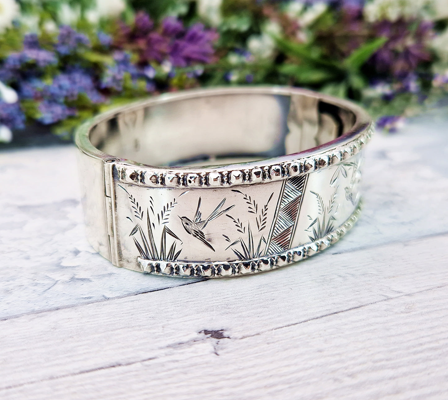 Antique Victorian 1876 Sterling Silver Aesthetic Birds and Reeds Bangle Bracelet