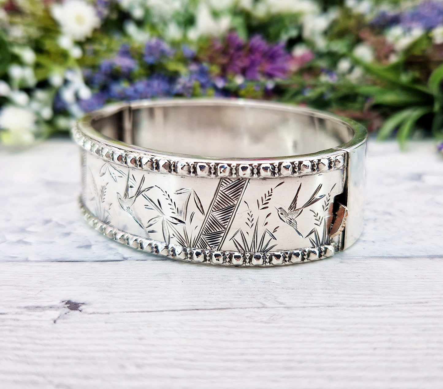 Antique Victorian 1876 Sterling Silver Aesthetic Birds and Reeds Bangle Bracelet