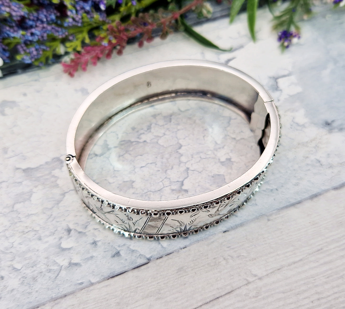Antique Victorian 1876 Sterling Silver Aesthetic Birds and Reeds Bangle Bracelet