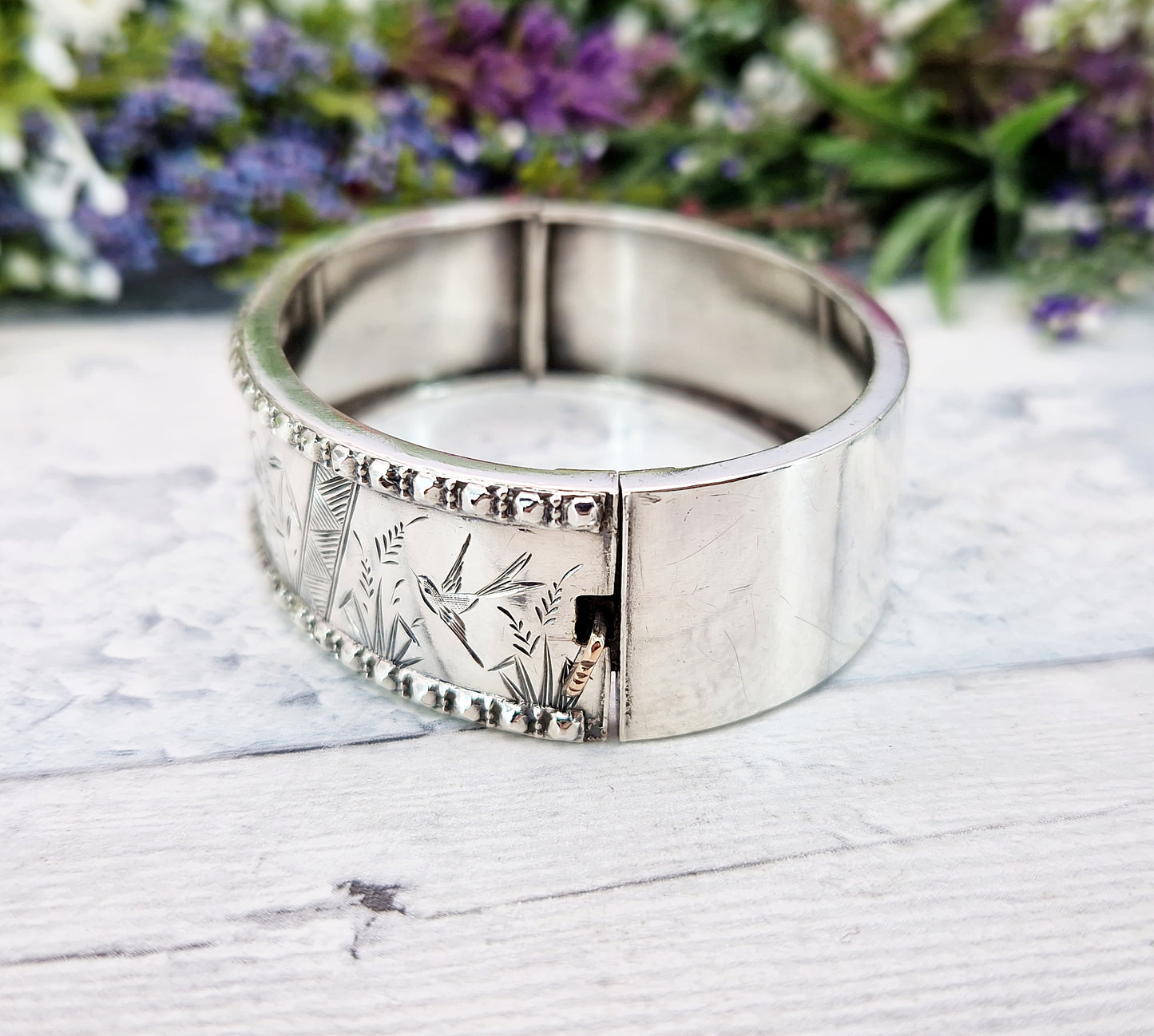 Antique Victorian 1876 Sterling Silver Aesthetic Birds and Reeds Bangle Bracelet