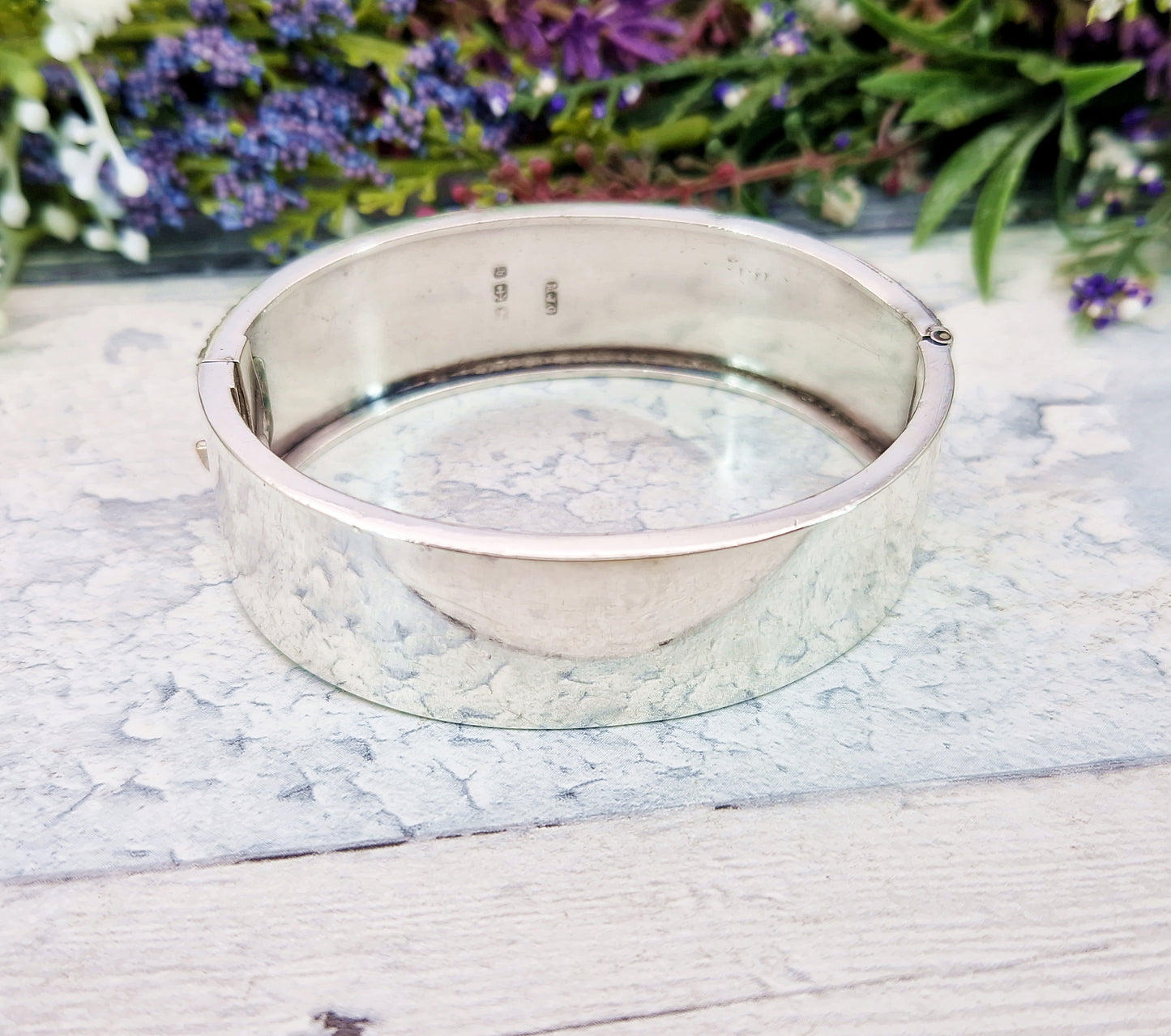 Antique Victorian 1876 Sterling Silver Aesthetic Birds and Reeds Bangle Bracelet