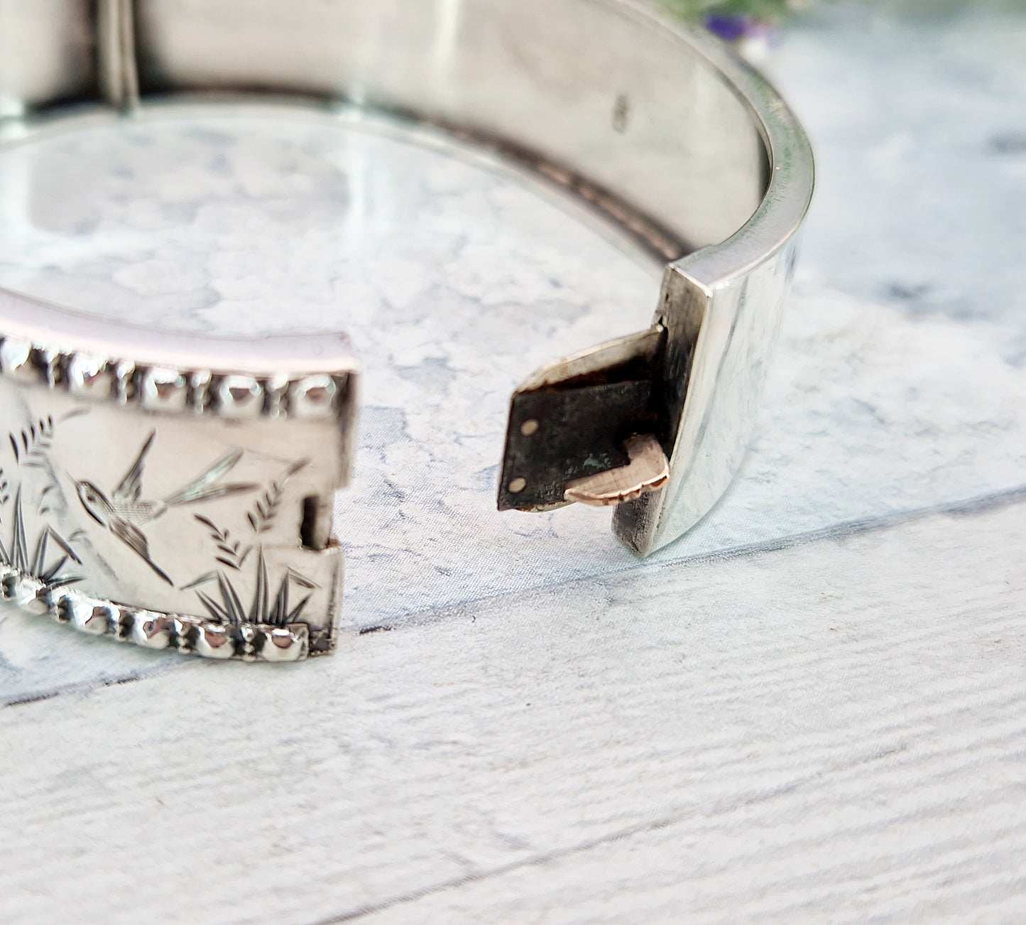 Antique Victorian 1876 Sterling Silver Aesthetic Birds and Reeds Bangle Bracelet