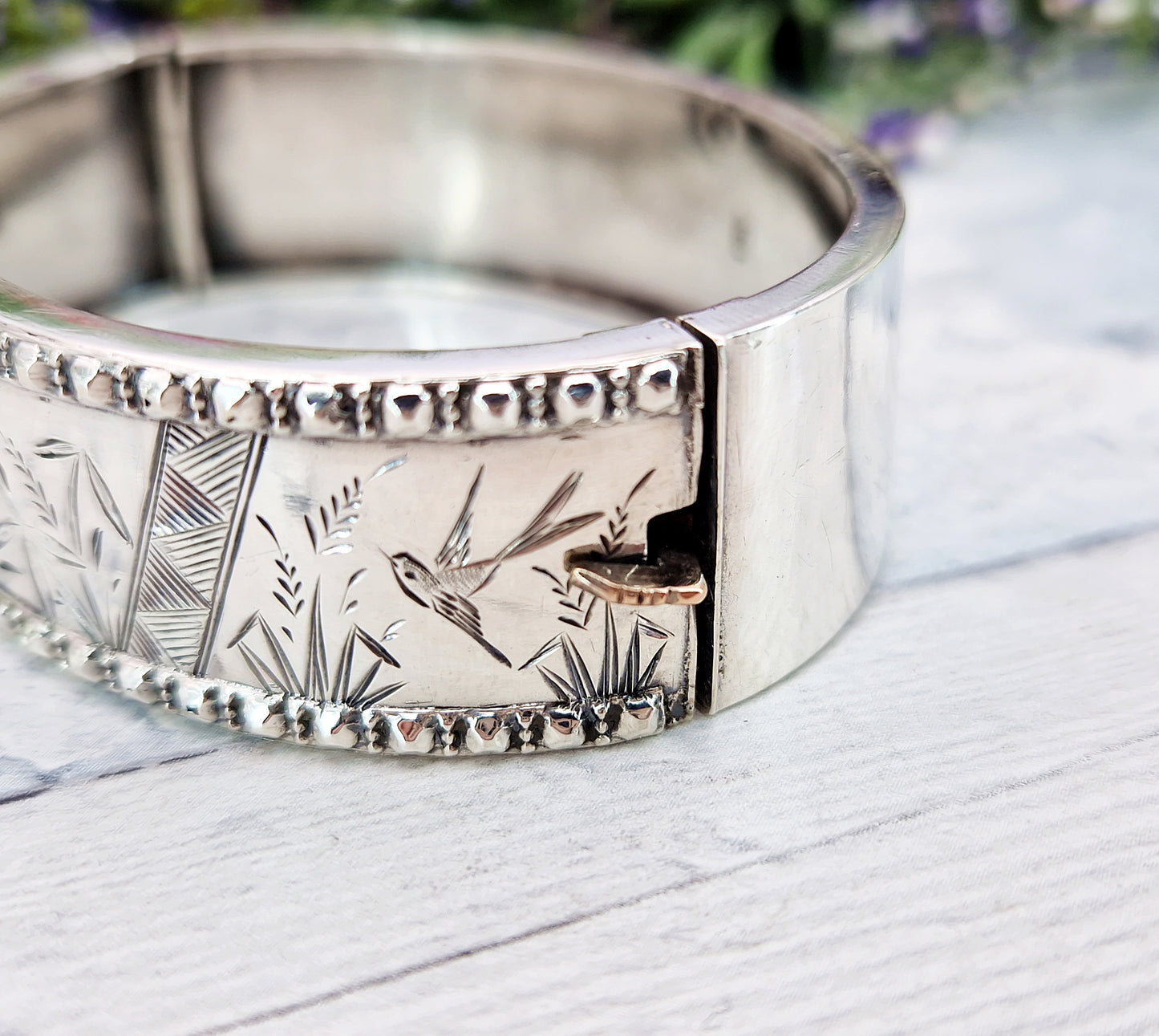 Antique Victorian 1876 Sterling Silver Aesthetic Birds and Reeds Bangle Bracelet