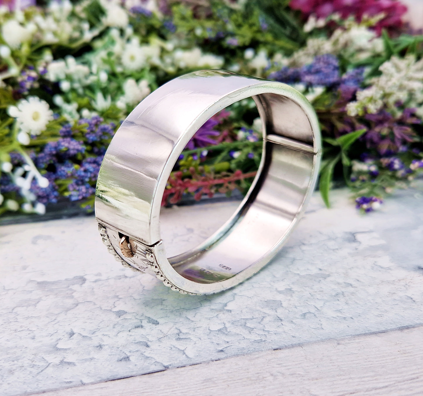 Antique Victorian 1876 Sterling Silver Aesthetic Birds and Reeds Bangle Bracelet