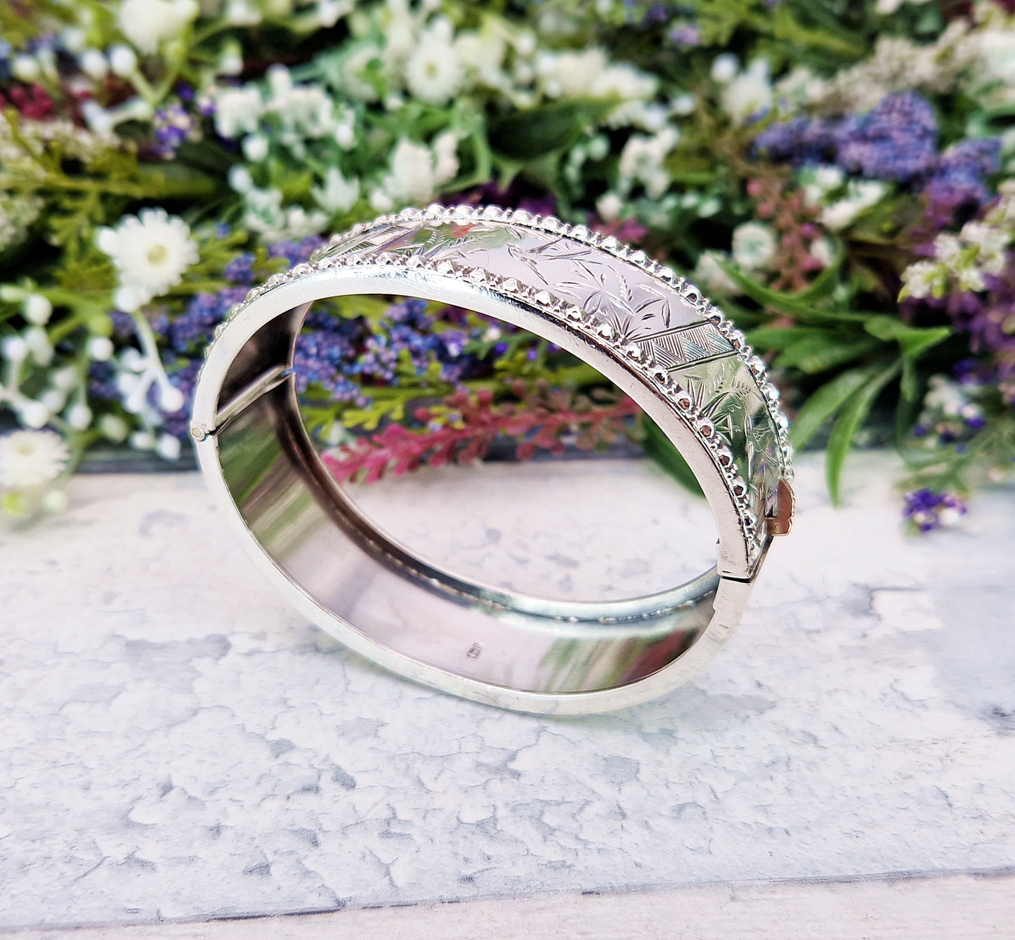 Antique Victorian 1876 Sterling Silver Aesthetic Birds and Reeds Bangle Bracelet