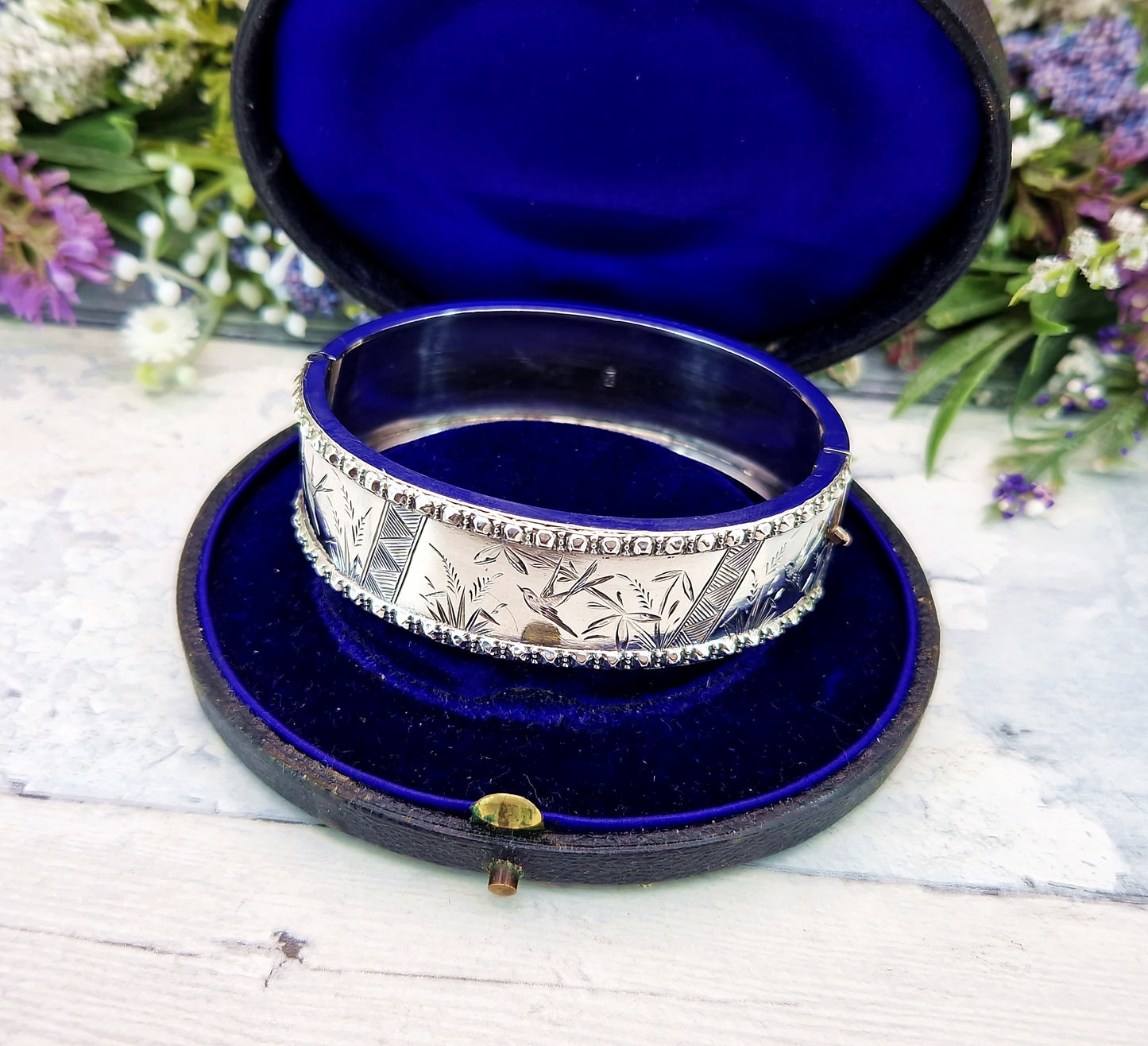 Antique Victorian 1876 Sterling Silver Aesthetic Birds and Reeds Bangle Bracelet