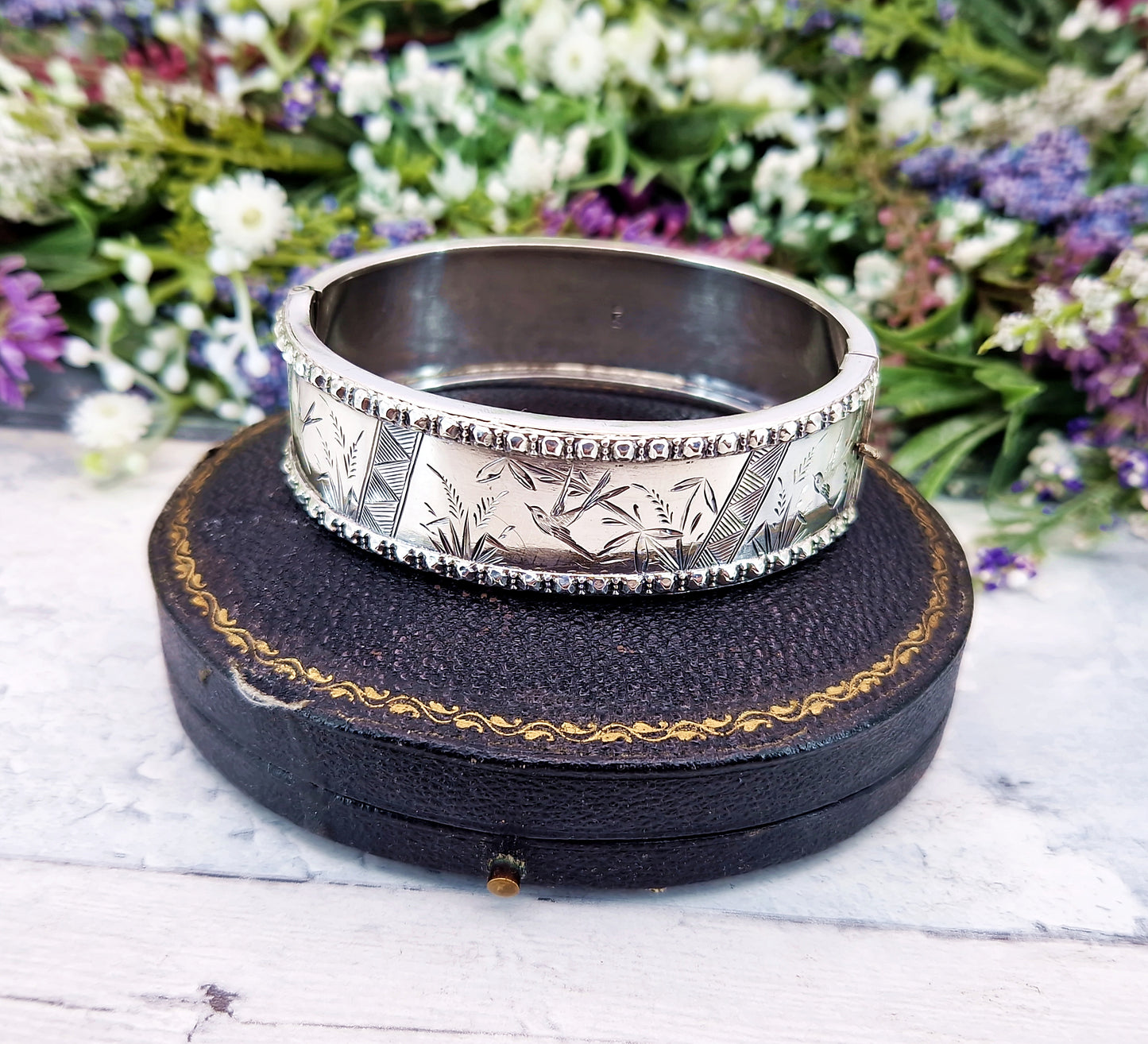 Antique Victorian 1876 Sterling Silver Aesthetic Birds and Reeds Bangle Bracelet