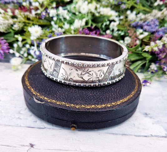 Antique Victorian 1876 Sterling Silver Aesthetic Birds and Reeds Bangle Bracelet