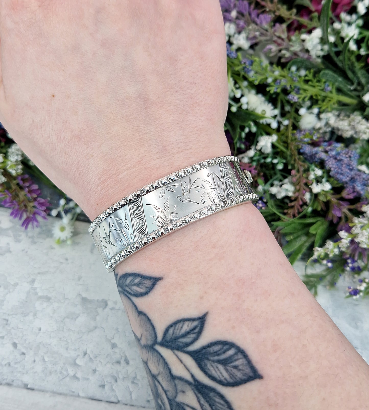 Antique Victorian 1876 Sterling Silver Aesthetic Birds and Reeds Bangle Bracelet