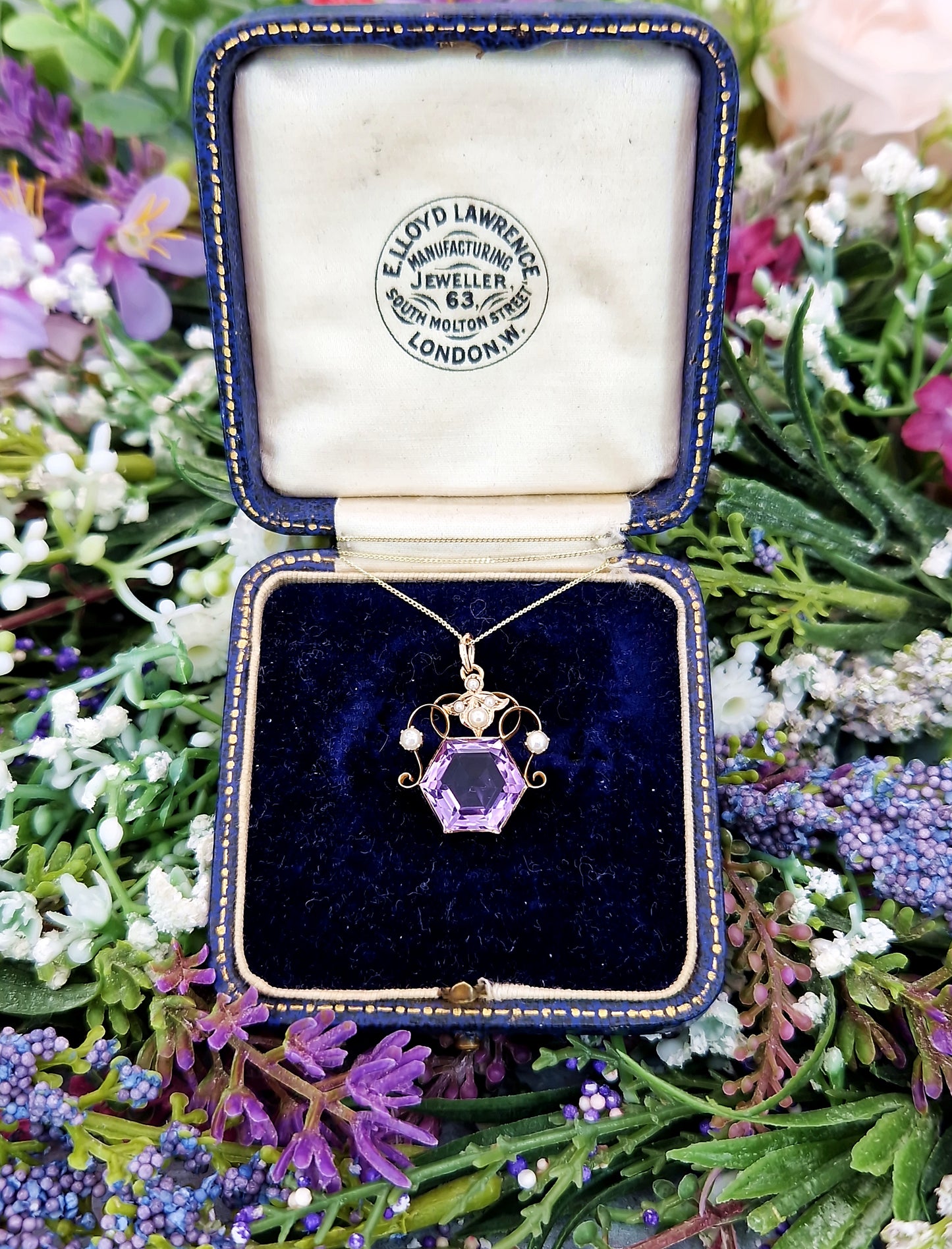 Antique Art Nouveau 9ct Gold Purple Amethyst and Pearl Hexagon Pendant Necklace
