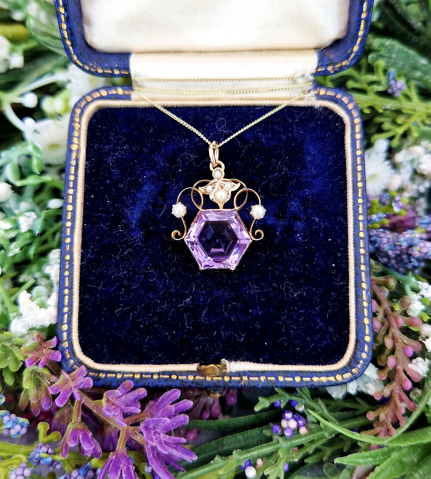 Antique Art Nouveau 9ct Gold Purple Amethyst and Pearl Hexagon Pendant Necklace