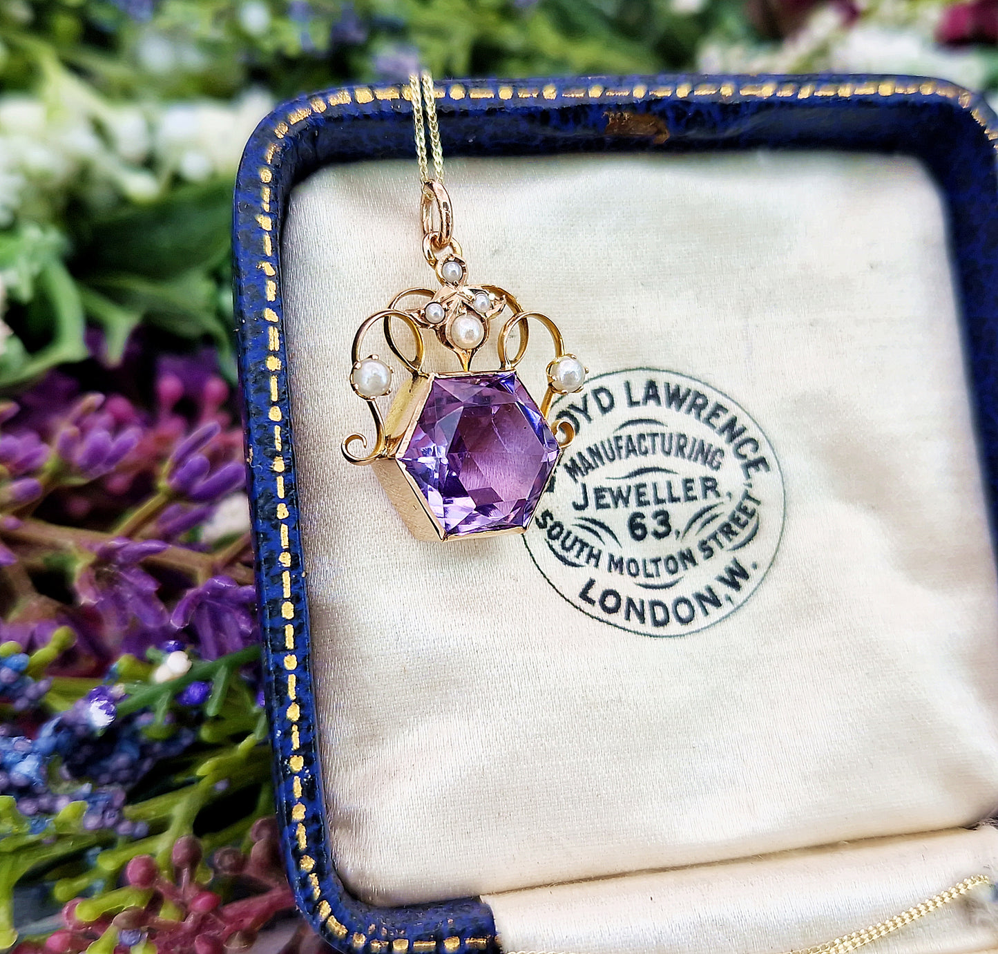 Antique Art Nouveau 9ct Gold Purple Amethyst and Pearl Hexagon Pendant Necklace