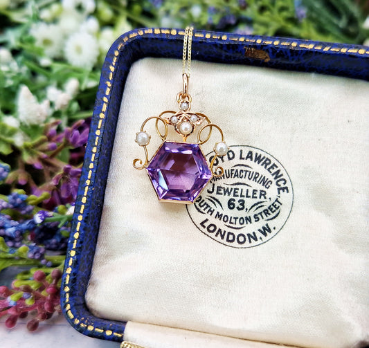 Antique Art Nouveau 9ct Gold Purple Amethyst and Pearl Hexagon Pendant Necklace