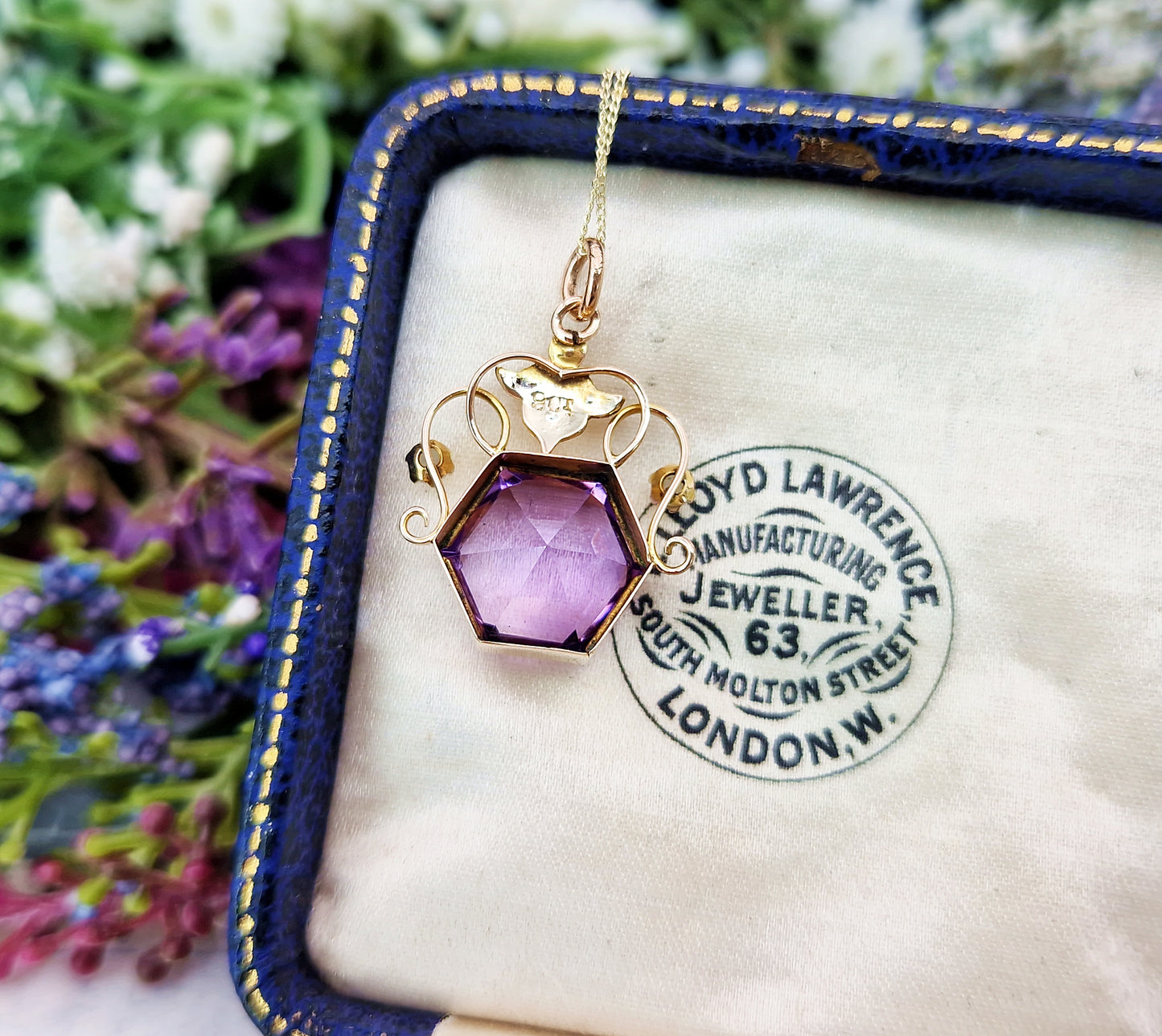 Antique Art Nouveau 9ct Gold Purple Amethyst and Pearl Hexagon Pendant Necklace