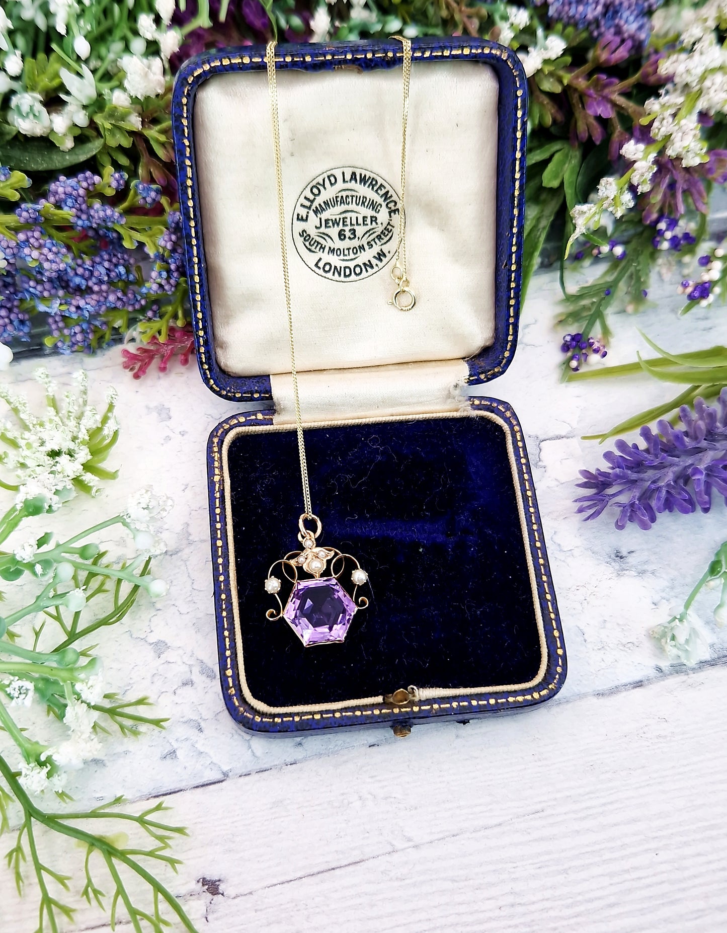 Antique Art Nouveau 9ct Gold Purple Amethyst and Pearl Hexagon Pendant Necklace