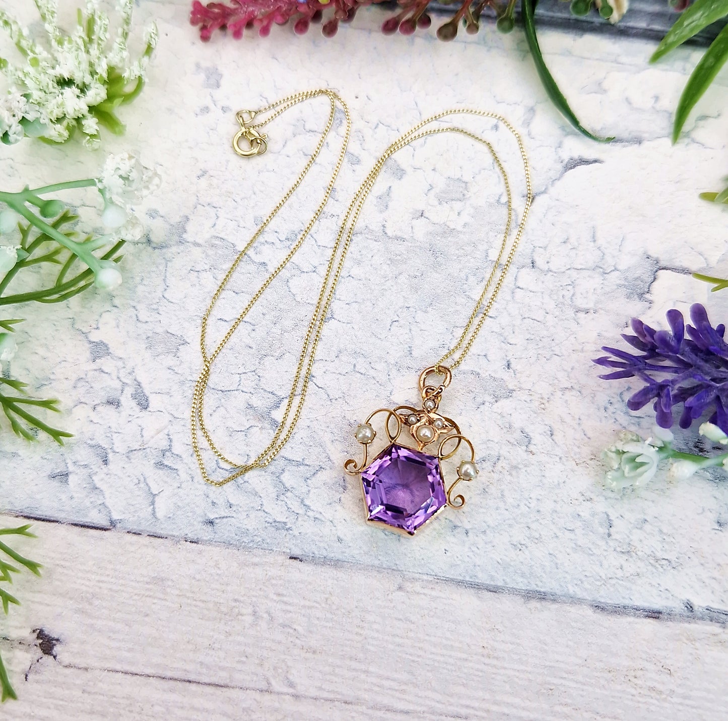 Antique Art Nouveau 9ct Gold Purple Amethyst and Pearl Hexagon Pendant Necklace